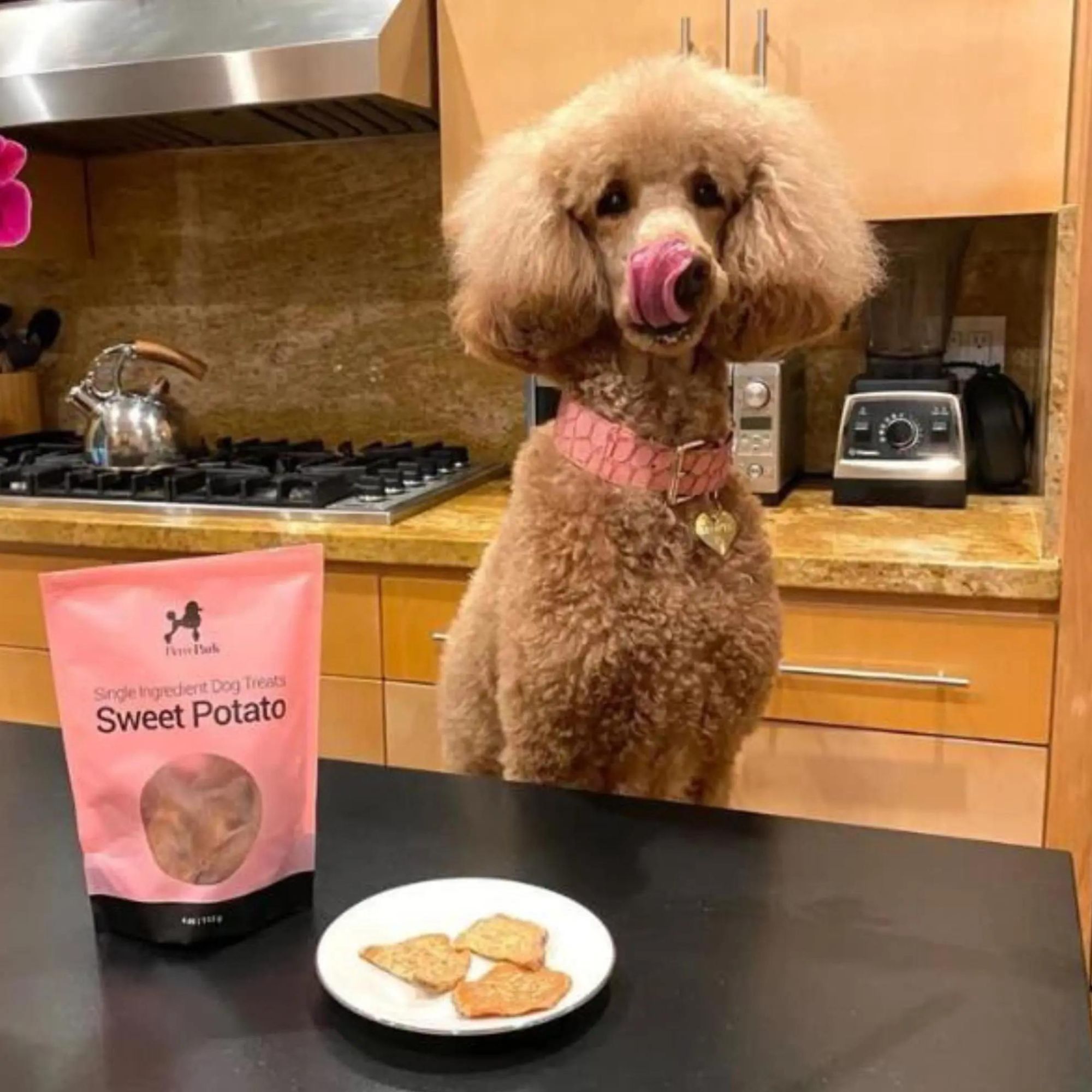 A poodle with curly brown fur stands in a kitchen, wearing a pink collar, and licking its nose. In front of the dog, on a counter, is a plate with a few pieces of sweet potato treats and a pink bag labeled "Sweet Potato Single Ingredient Dog Treats." The background shows kitchen appliances, including a blender and a stovetop with a kettle.